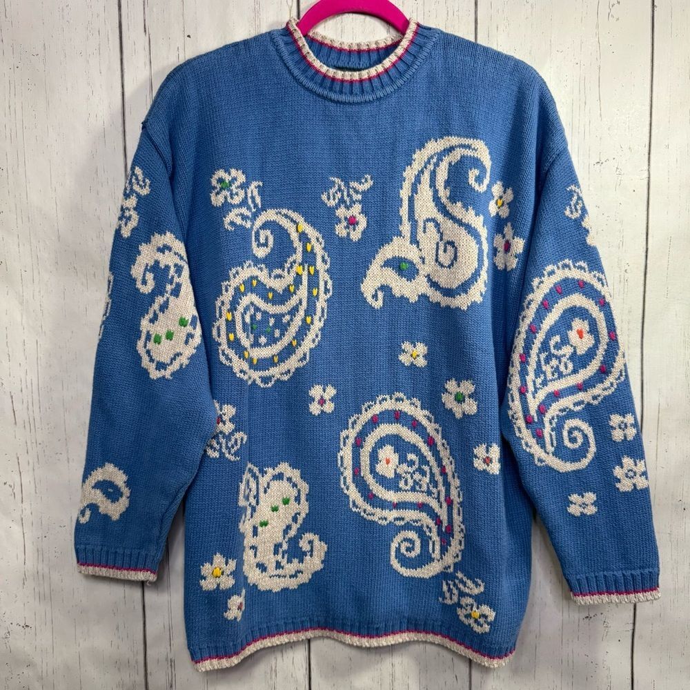 Vintage Lizwear Blue Paisley Knit Sweater 80s 90s Retro Boho Cozy Cottagecore